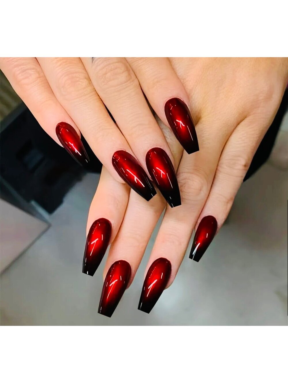 New -24pcs Ballet Style Glossy -Red/Black Gradient Reusable Press-On Nails